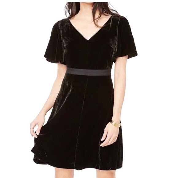 Ann Taylor Petite Velvet V-neck Flutter Short Sleeve A Line Dress Black Size 12P - Picture 1 of 12